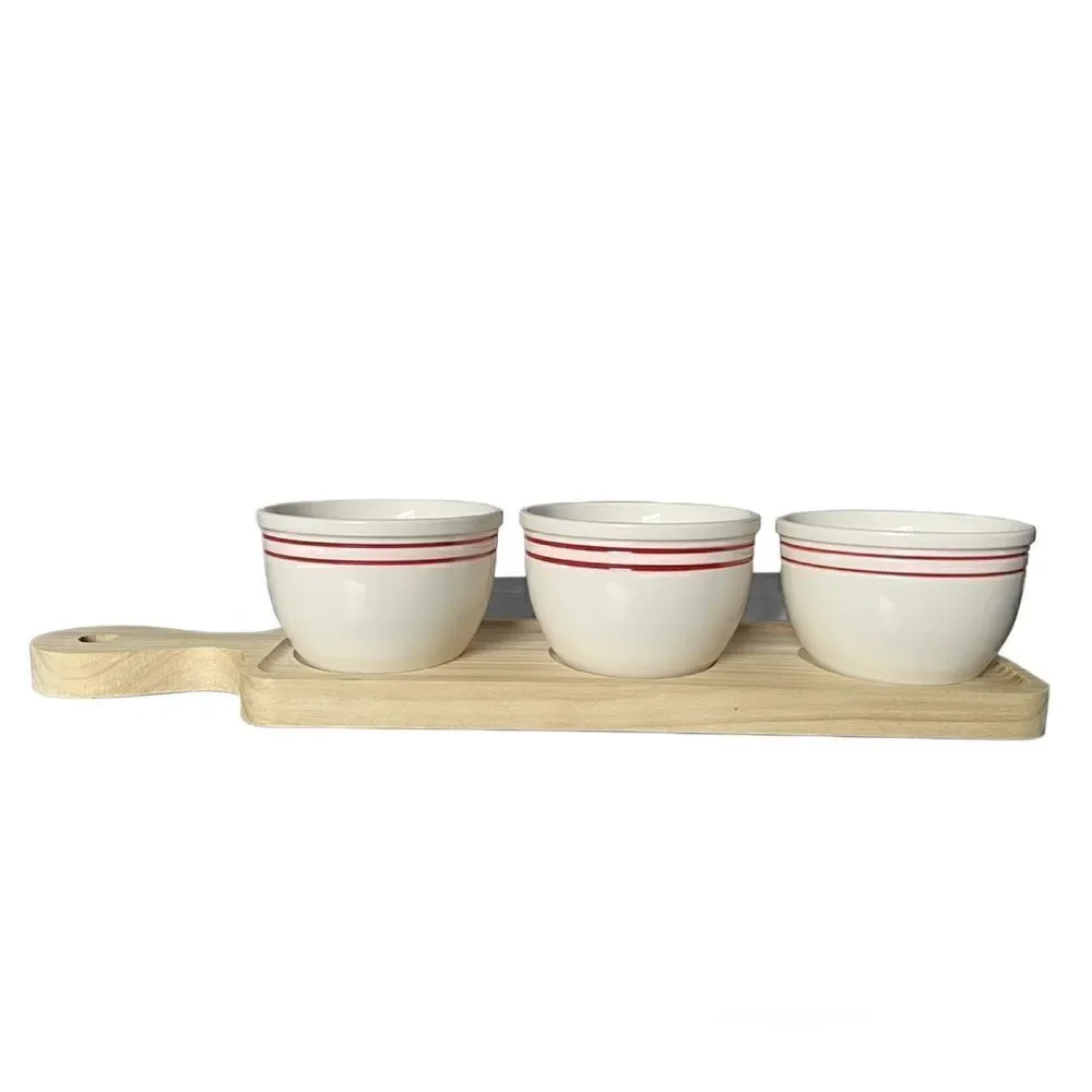 Hallmark Vintage 1970’s Trio of Small Ceramic Serving Bowls on Wooden Block